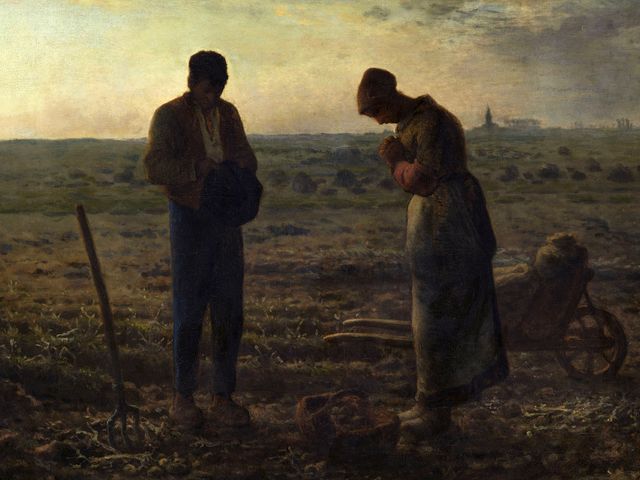 Millet's painting of two farm workers pausing in a field to pray