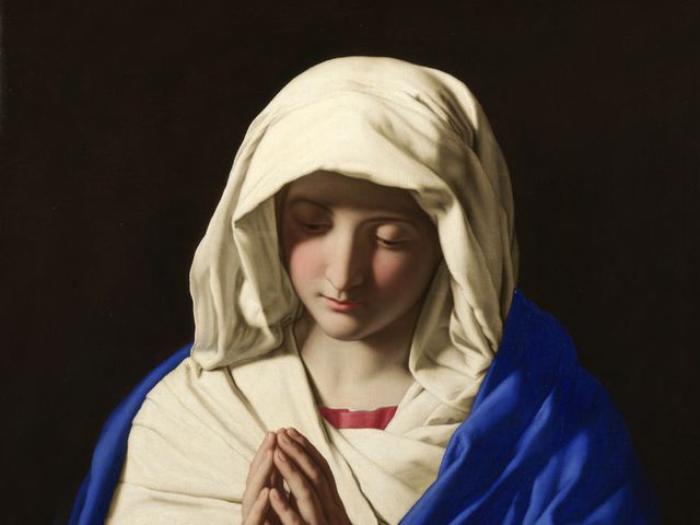 Sassoferrato's painting of Mary in a blue mantle, hands joined in prayer